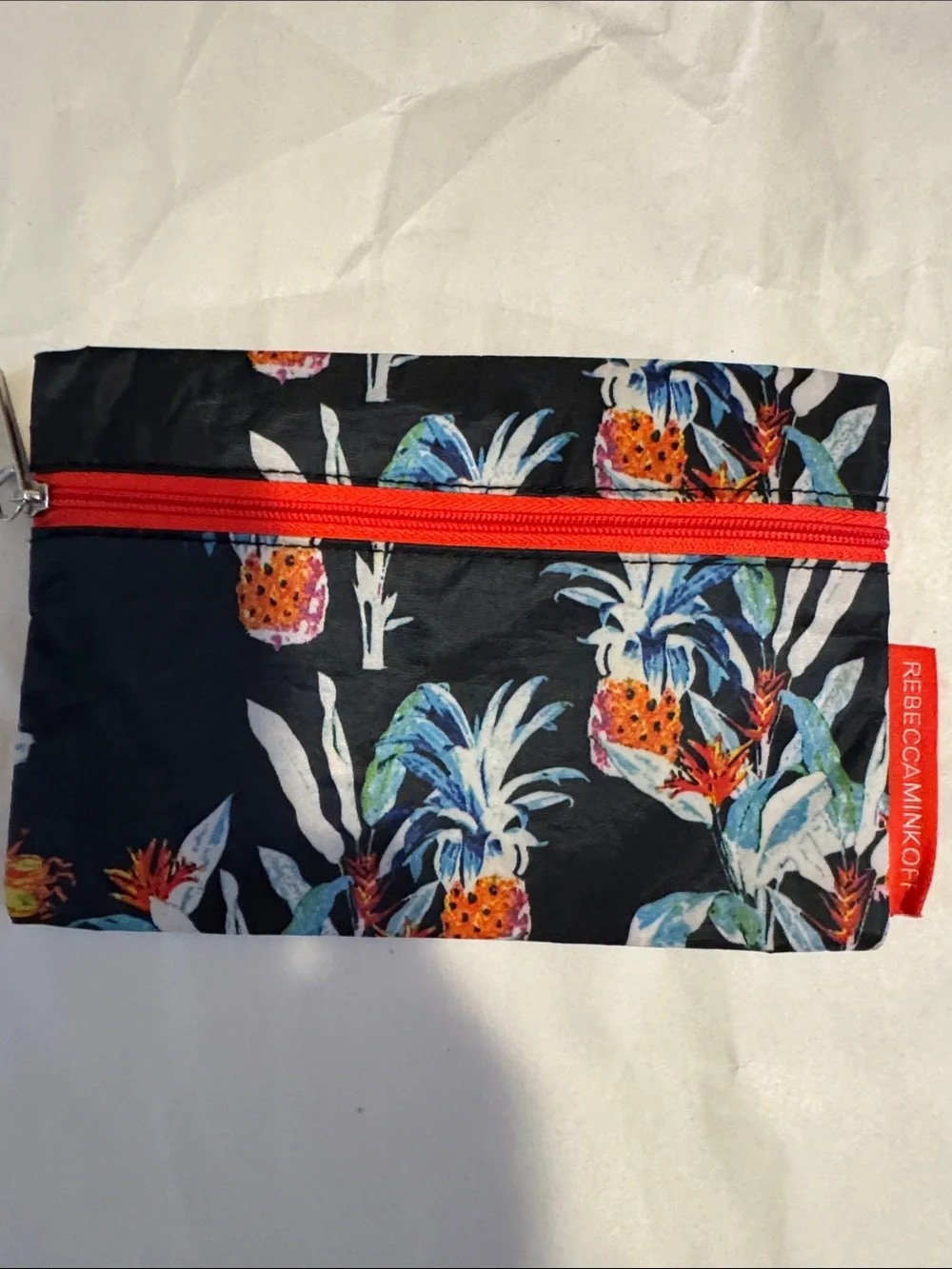 Rebecca Minkoff Black Pineapple Print Cosmetic Pouch with Red Zip